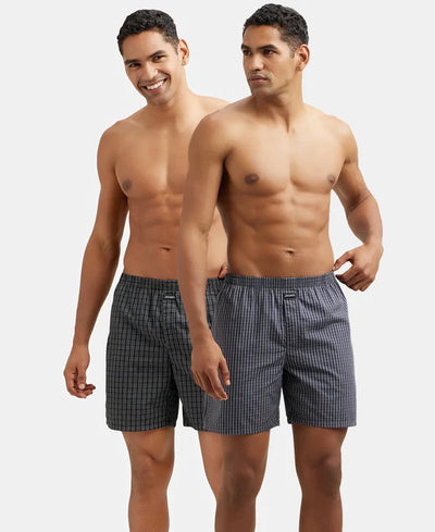 Super Combed Mercerized Cotton Woven Checkered Boxer Shorts with Side Pocket Navy(Pack of 2)