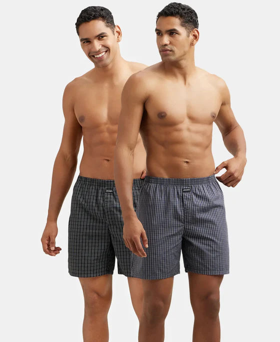 Super Combed Mercerized Cotton Woven Checkered Boxer Shorts with Side Pocket Navy(Pack of 2)