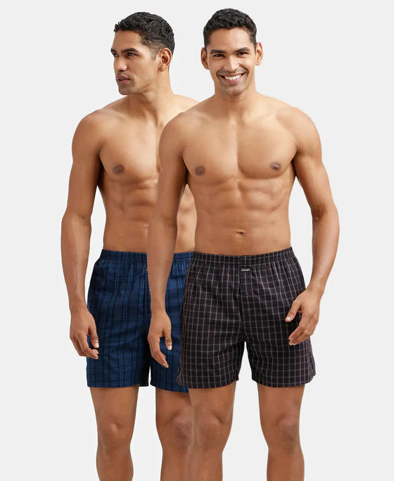 Super Combed Mercerized Cotton Woven Checkered Boxer Shorts with Side Pocket Navy(Pack of 2)