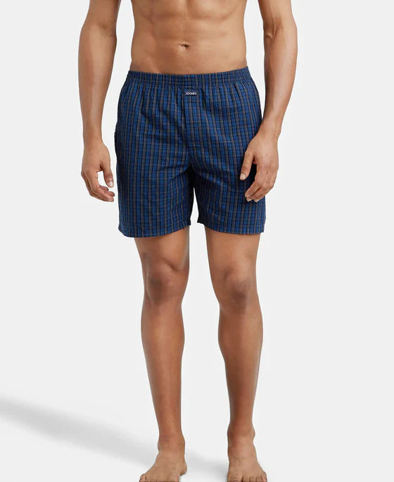 Super Combed Mercerized Cotton Woven Checkered Boxer Shorts with Side Pocket Navy(Pack of 2)