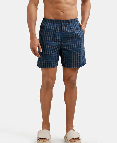 Super Combed Mercerized Cotton Woven Checkered Boxer Shorts with Side Pocket Navy(Pack of 2)