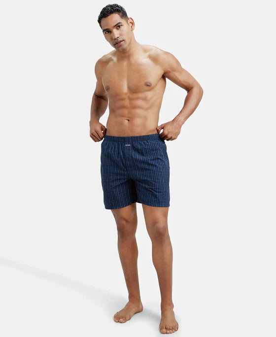 Super Combed Mercerized Cotton Woven Checkered Boxer Shorts with Side Pocket Navy(Pack of 2)