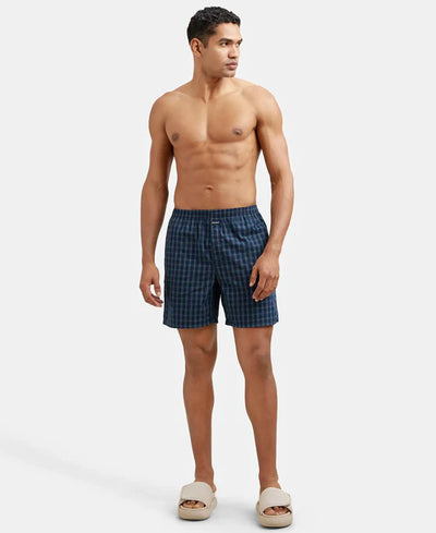 Super Combed Mercerized Cotton Woven Checkered Boxer Shorts with Side Pocket Navy(Pack of 2)