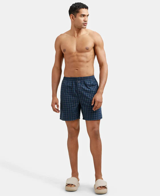 Super Combed Mercerized Cotton Woven Checkered Boxer Shorts with Side Pocket Navy(Pack of 2)