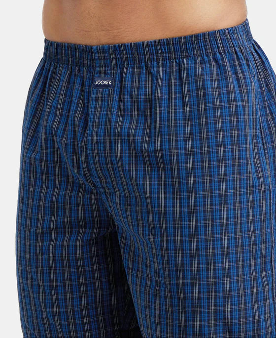 Super Combed Mercerized Cotton Woven Checkered Boxer Shorts with Side Pocket Navy(Pack of 2)
