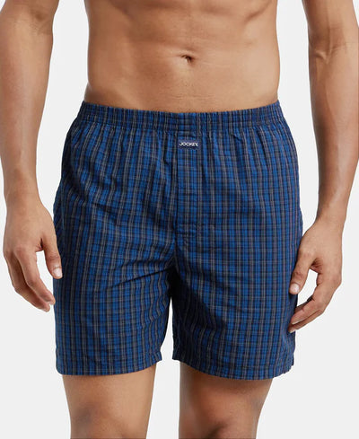 Super Combed Mercerized Cotton Woven Checkered Boxer Shorts with Side Pocket Navy(Pack of 2)