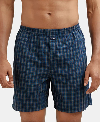 Super Combed Mercerized Cotton Woven Checkered Boxer Shorts with Side Pocket Navy(Pack of 2)