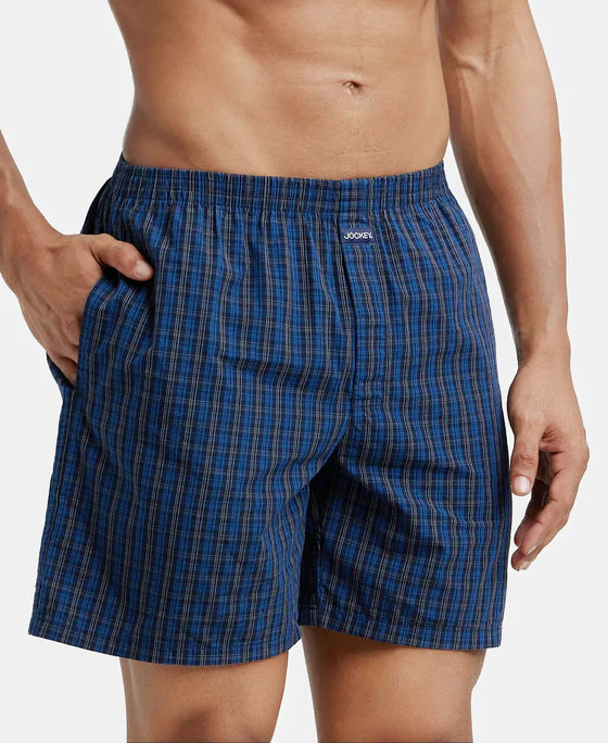 Super Combed Mercerized Cotton Woven Checkered Boxer Shorts with Side Pocket Navy(Pack of 2)