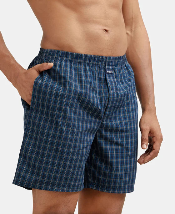 Super Combed Mercerized Cotton Woven Checkered Boxer Shorts with Side Pocket Navy(Pack of 2)