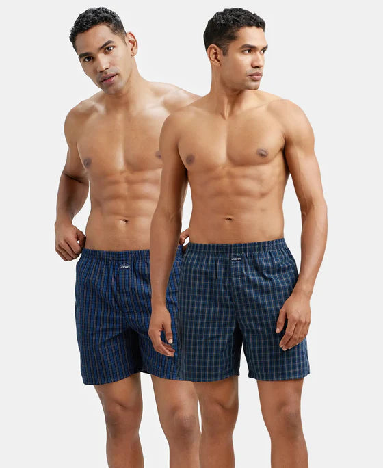 Super Combed Mercerized Cotton Woven Checkered Boxer Shorts with Side Pocket Navy(Pack of 2)