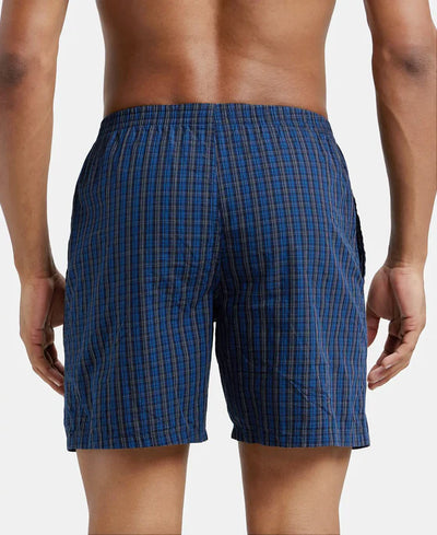 Super Combed Mercerized Cotton Woven Checkered Boxer Shorts with Side Pocket Navy(Pack of 2)