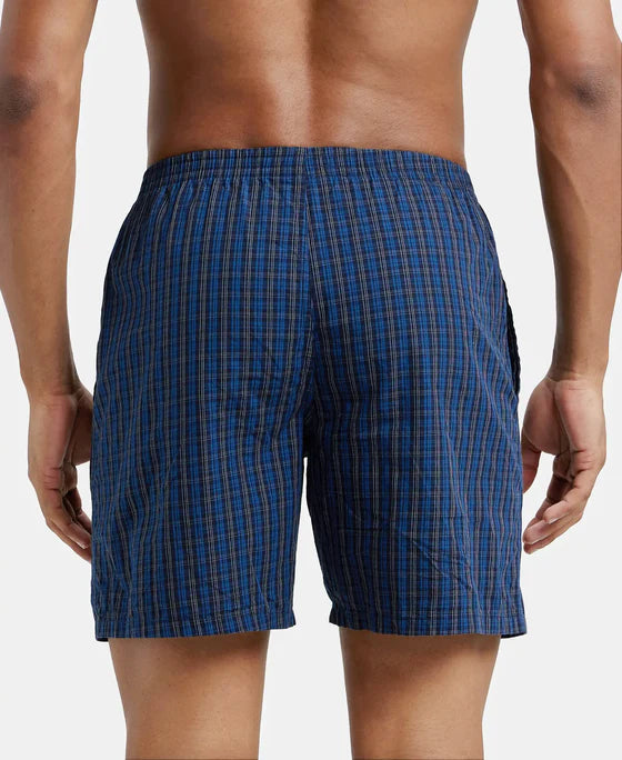 Super Combed Mercerized Cotton Woven Checkered Boxer Shorts with Side Pocket Navy(Pack of 2)