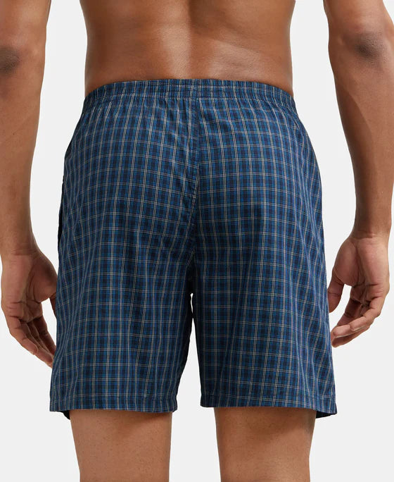 Super Combed Mercerized Cotton Woven Checkered Boxer Shorts with Side Pocket Navy(Pack of 2)