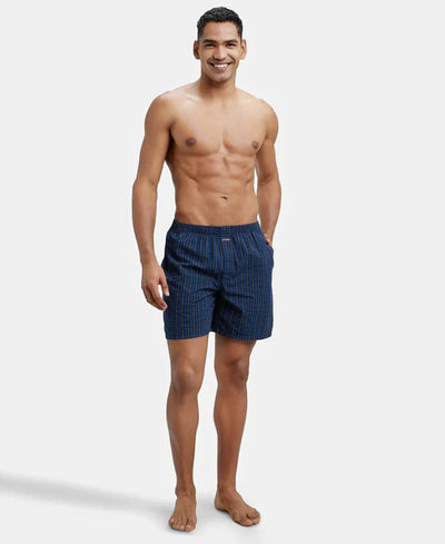 Super Combed Mercerized Cotton Woven Checkered Boxer Shorts with Side Pocket Navy(Pack of 2)