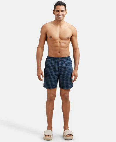 Super Combed Mercerized Cotton Woven Checkered Boxer Shorts with Side Pocket Navy(Pack of 2)