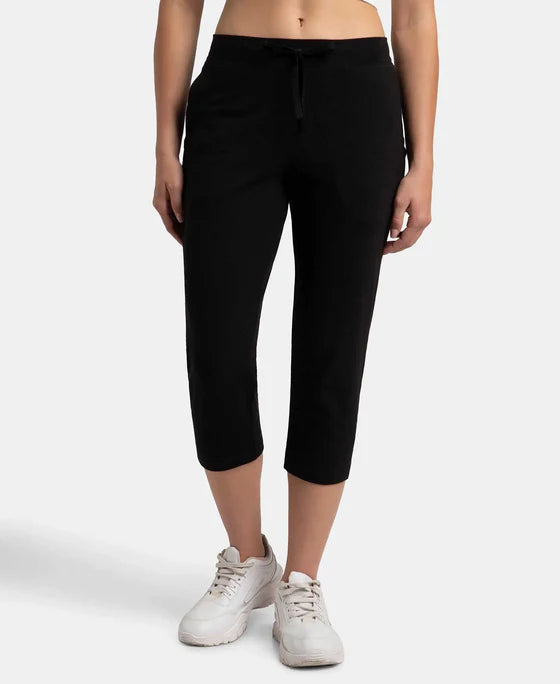 Super Combed Cotton Elastane Stretch Slim Fit Capri with Side Pockets - Black