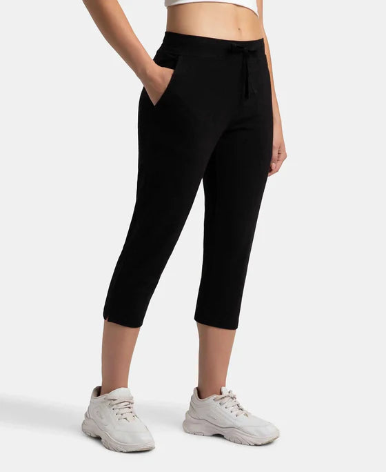 Super Combed Cotton Elastane Stretch Slim Fit Capri with Side Pockets - Black