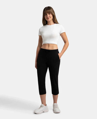 Super Combed Cotton Elastane Stretch Slim Fit Capri with Side Pockets - Black