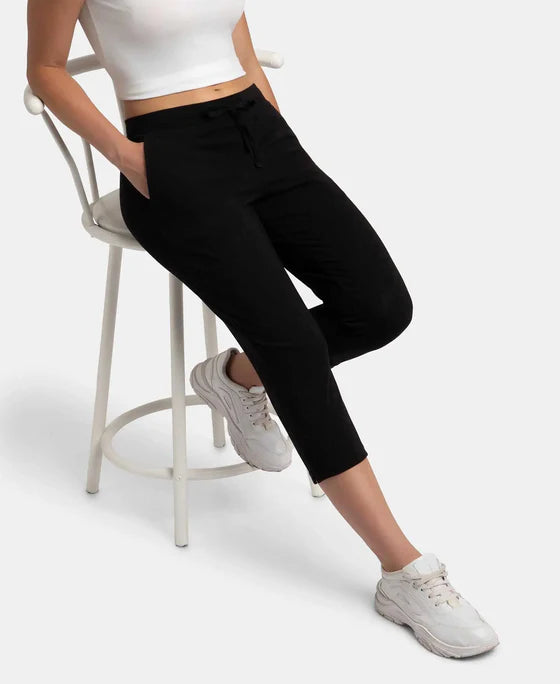 Super Combed Cotton Elastane Stretch Slim Fit Capri with Side Pockets - Black