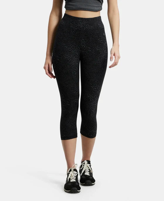 Super Combed Cotton Elastane Stretch Slim Fit Capri with Ultrasoft Waistband - Black print