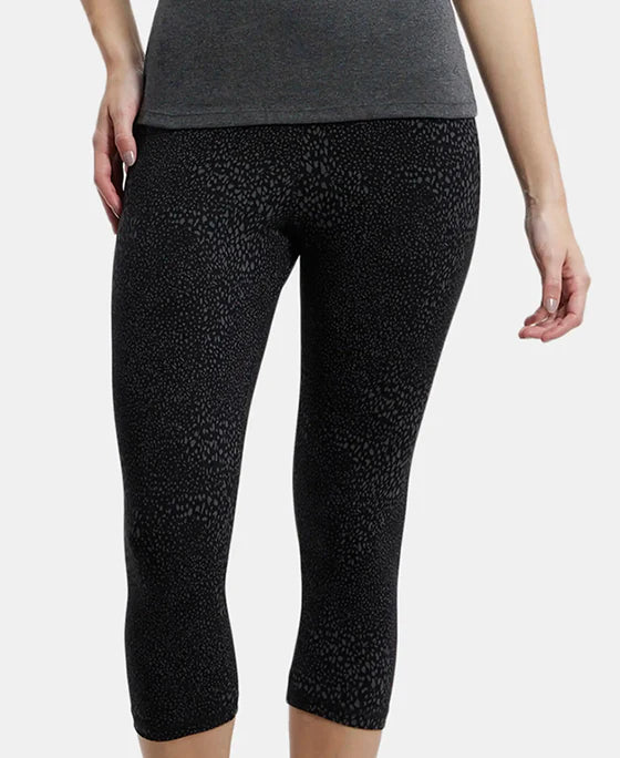 Super Combed Cotton Elastane Stretch Slim Fit Capri with Ultrasoft Waistband - Black print