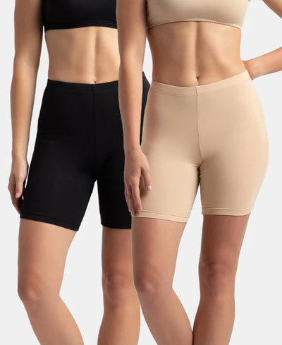 High Coverage Super Combed Cotton Elastane Stretch Shorties With Concealed Waistband - Black & Skin (Pack of 2)