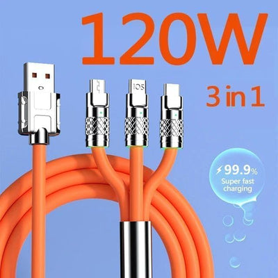 3-in-1 120W 6A Fast Charging Cable – Type-C + Lightning + Micro USB | Orange Edition