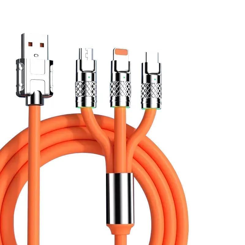 3-in-1 120W 6A Fast Charging Cable – Type-C + Lightning + Micro USB | Orange Edition