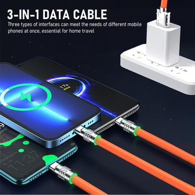 3-in-1 120W 6A Fast Charging Cable – Type-C + Lightning + Micro USB | Orange Edition