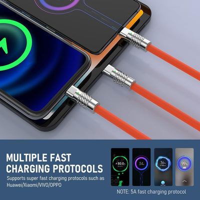 3-in-1 120W 6A Fast Charging Cable – Type-C + Lightning + Micro USB | Orange Edition