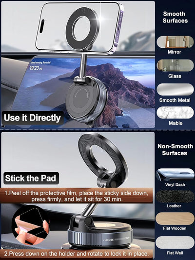 360° Vacuum Magnetic Phone Holder | Universal Car Mount | Suction Cup Base | Hands-Free Rotation | For Car, Gym, Mirror, Shower & Desk