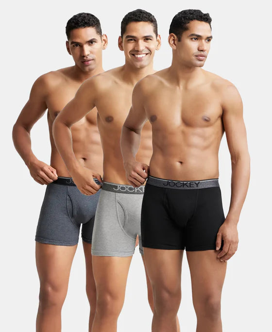 Super Combed Cotton Rib Solid Boxer Brief with Ultrasoft and Durable Waistband - Black/Charcoal Melange/Grey Melange (Pack of 3)