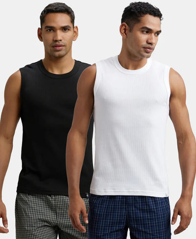 Pack of 2 Super Combed Cotton Rib Solid Round Neck Muscle Vest - Black & Charcoal Melange