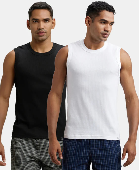 Pack of 2 Super Combed Cotton Rib Solid Round Neck Muscle Vest - Black & Charcoal Melange