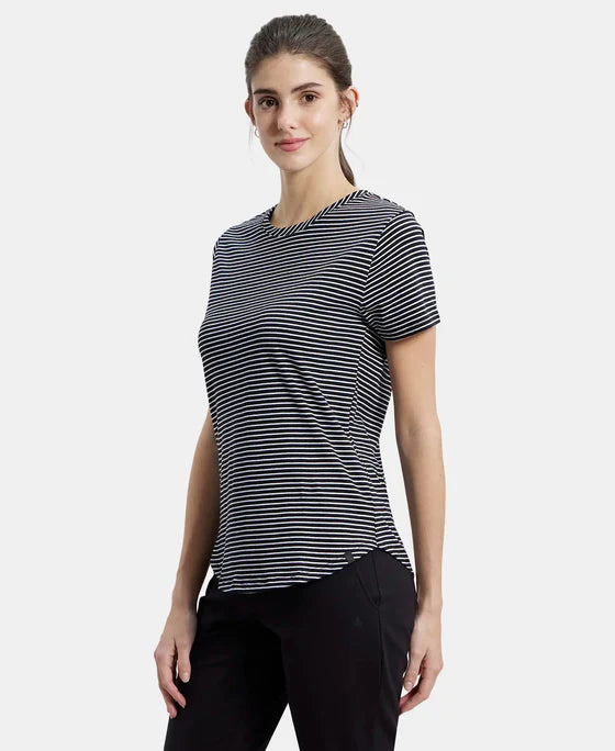 Super Combed Cotton Stripe Fabric Relaxed Fit Round Neck Half Sleeve T-Shirt with Curved Hem Styling -Black