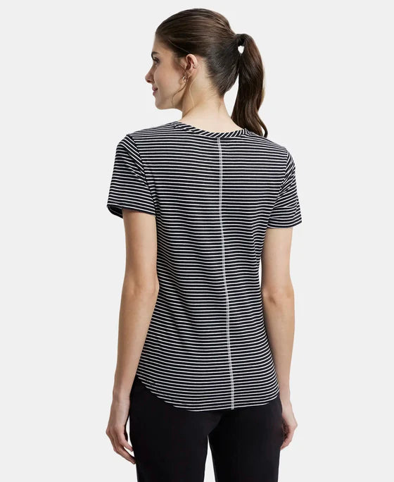 Super Combed Cotton Stripe Fabric Relaxed Fit Round Neck Half Sleeve T-Shirt with Curved Hem Styling -Black