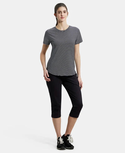 Super Combed Cotton Stripe Fabric Relaxed Fit Round Neck Half Sleeve T-Shirt with Curved Hem Styling -Black