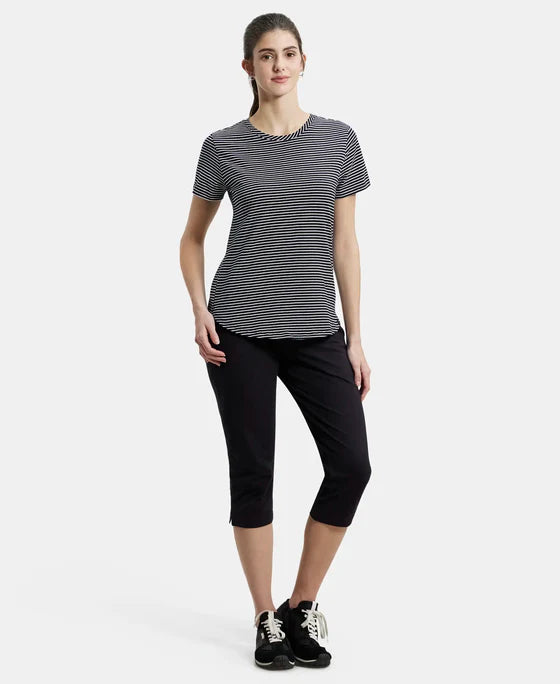 Super Combed Cotton Stripe Fabric Relaxed Fit Round Neck Half Sleeve T-Shirt with Curved Hem Styling -Black