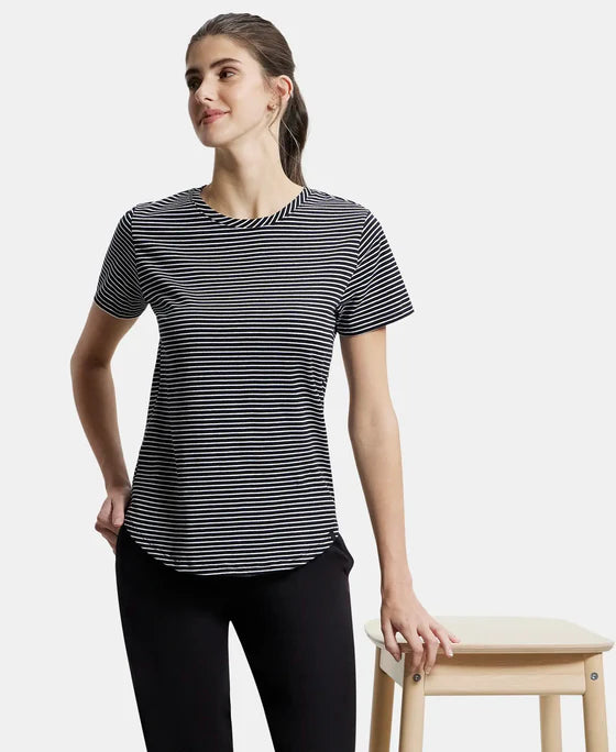 Super Combed Cotton Stripe Fabric Relaxed Fit Round Neck Half Sleeve T-Shirt with Curved Hem Styling -Black