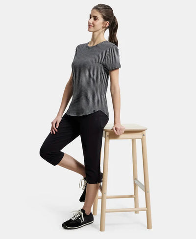 Super Combed Cotton Stripe Fabric Relaxed Fit Round Neck Half Sleeve T-Shirt with Curved Hem Styling -Black