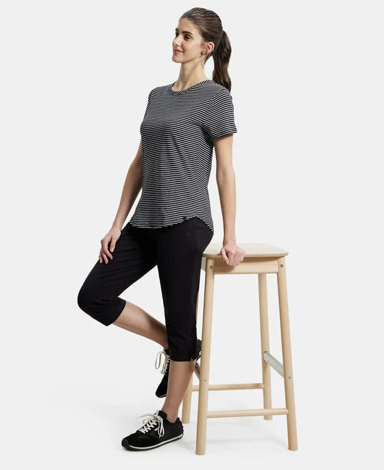 Super Combed Cotton Stripe Fabric Relaxed Fit Round Neck Half Sleeve T-Shirt with Curved Hem Styling -Black