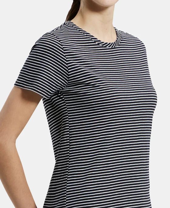 Super Combed Cotton Stripe Fabric Relaxed Fit Round Neck Half Sleeve T-Shirt with Curved Hem Styling -Black