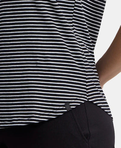 Super Combed Cotton Stripe Fabric Relaxed Fit Round Neck Half Sleeve T-Shirt with Curved Hem Styling -Black