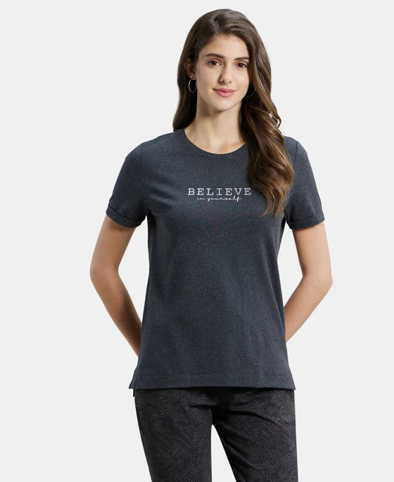 Super Combed Cotton Rich Elastane Stretch Relaxed Fit Graphic Printed Round Neck Half Sleeve T-Shirt - Black Melange