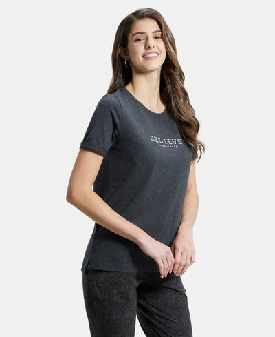 Super Combed Cotton Rich Elastane Stretch Relaxed Fit Graphic Printed Round Neck Half Sleeve T-Shirt - Black Melange