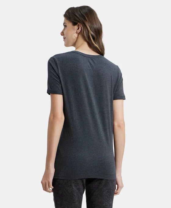 Super Combed Cotton Rich Elastane Stretch Relaxed Fit Graphic Printed Round Neck Half Sleeve T-Shirt - Black Melange