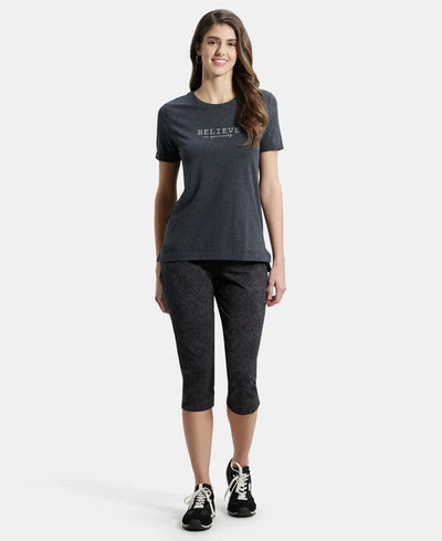 Super Combed Cotton Rich Elastane Stretch Relaxed Fit Graphic Printed Round Neck Half Sleeve T-Shirt - Black Melange