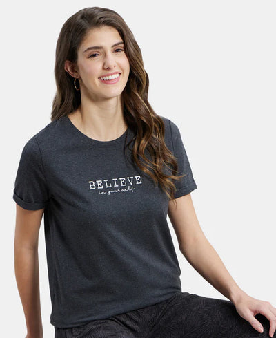 Super Combed Cotton Rich Elastane Stretch Relaxed Fit Graphic Printed Round Neck Half Sleeve T-Shirt - Black Melange