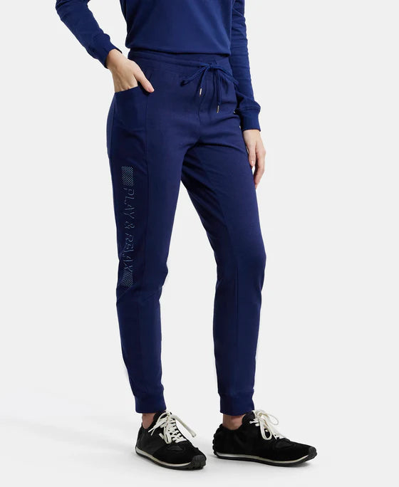 Super Combed Cotton Elastane Stretch Slim Fit Joggers With Side Pockets - Imperial Blue Melange
