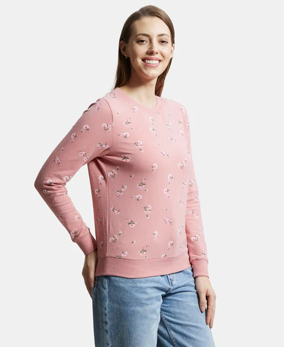 Super Combed Cotton Elastane Stretch French Terry Fabric Printed Sweatshirt with Ribbed Cuffs - Brandied Apricot